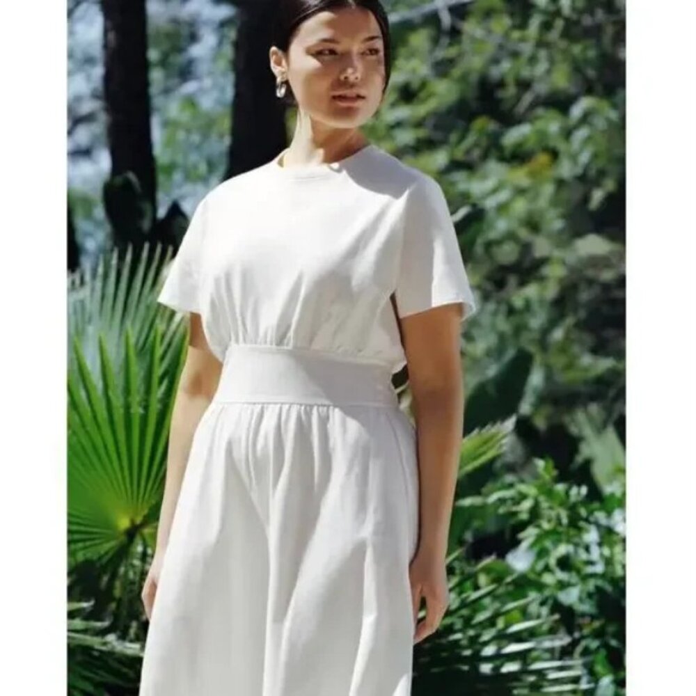 Everlane The Organic Cotton Waisted Dress Size Small Ivory Cream Minimalist Midi